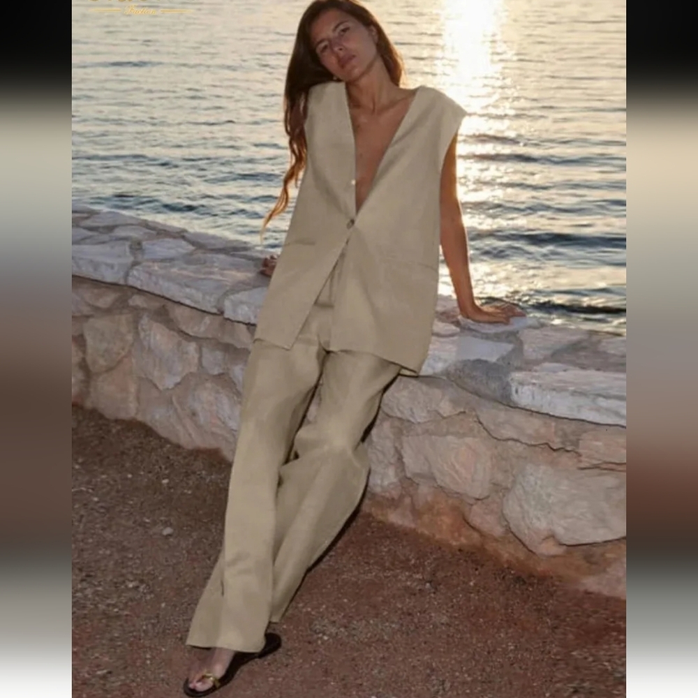 Zara 100% LINEN VEST LONG Beige Size S New